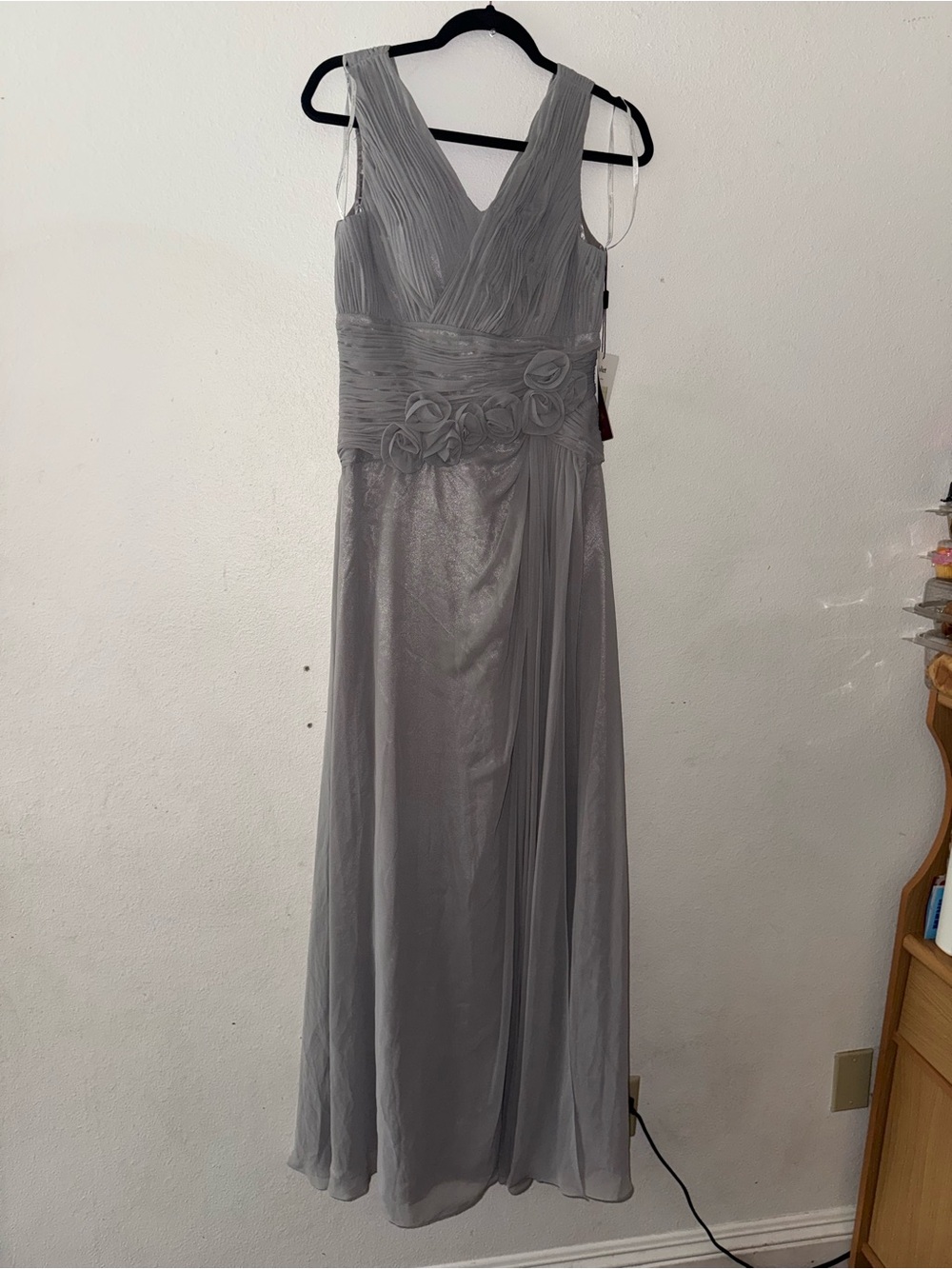 Silver V-Neck Maxi Dress with Rosette Waist Detail